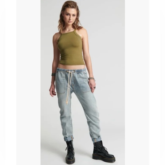 New🌟 Shabbies Low Waist Drawstring Boyfriend Denim Jeans - Angel Blue